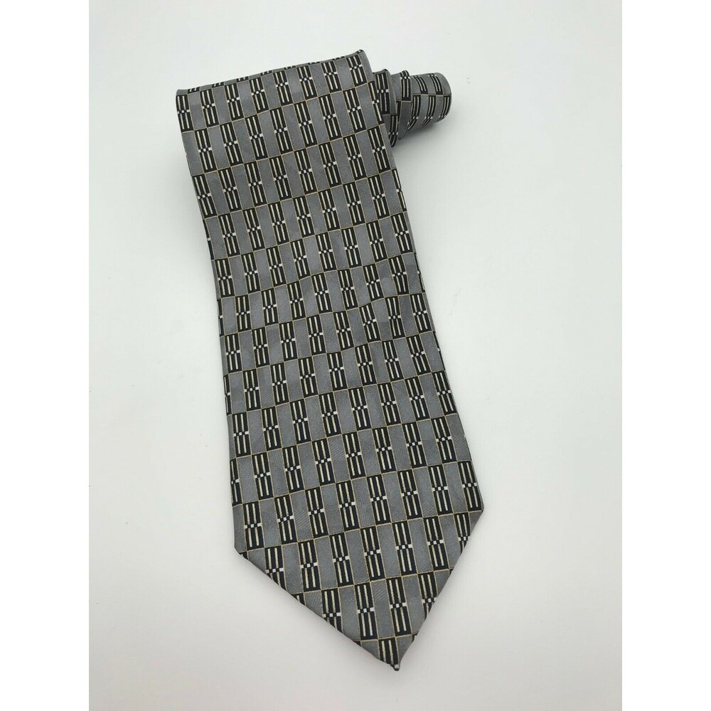 Bergamo Luxury Designer Abstract Gray Black Long Necktie - 100% Silk Tie 58 inch - Picture 2 of 6